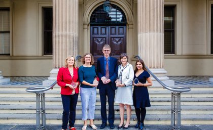 (L-R) Ms Inge Matt, Dr Barbara Maenhaut, Associate Professor Tim McIntyre, Dr Chris Landorf, Ms Rhea Jain